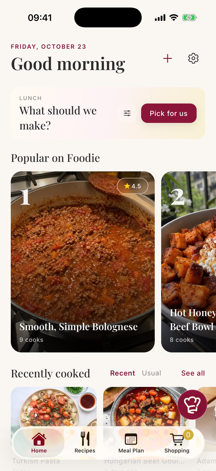 Foodie: the home screen with today's suggestions