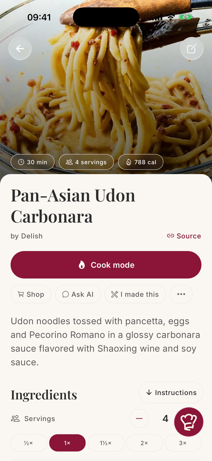 Foodie: a saved recipe for udon carbonara