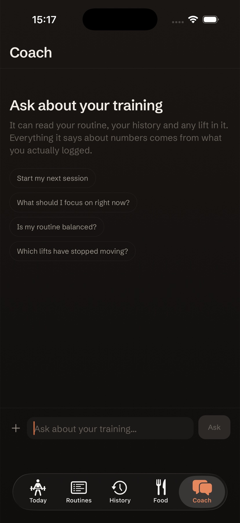 Lift's coach in dark mode, ready for a question about your training
