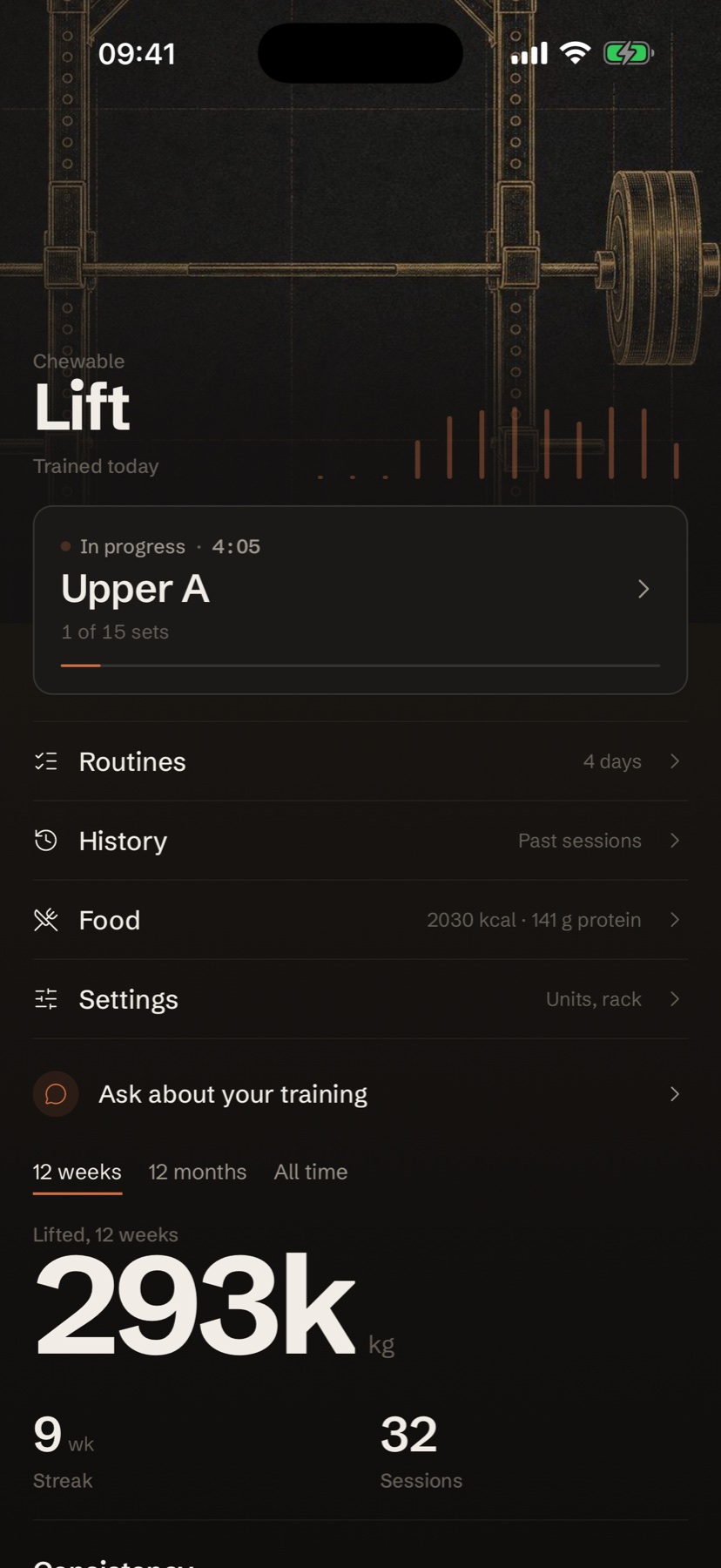 Lift home screen in dark mode, with the next workout