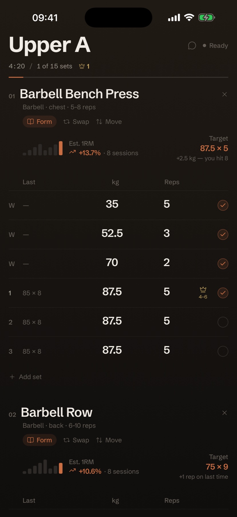 Lift logging sets of bench press in dark mode